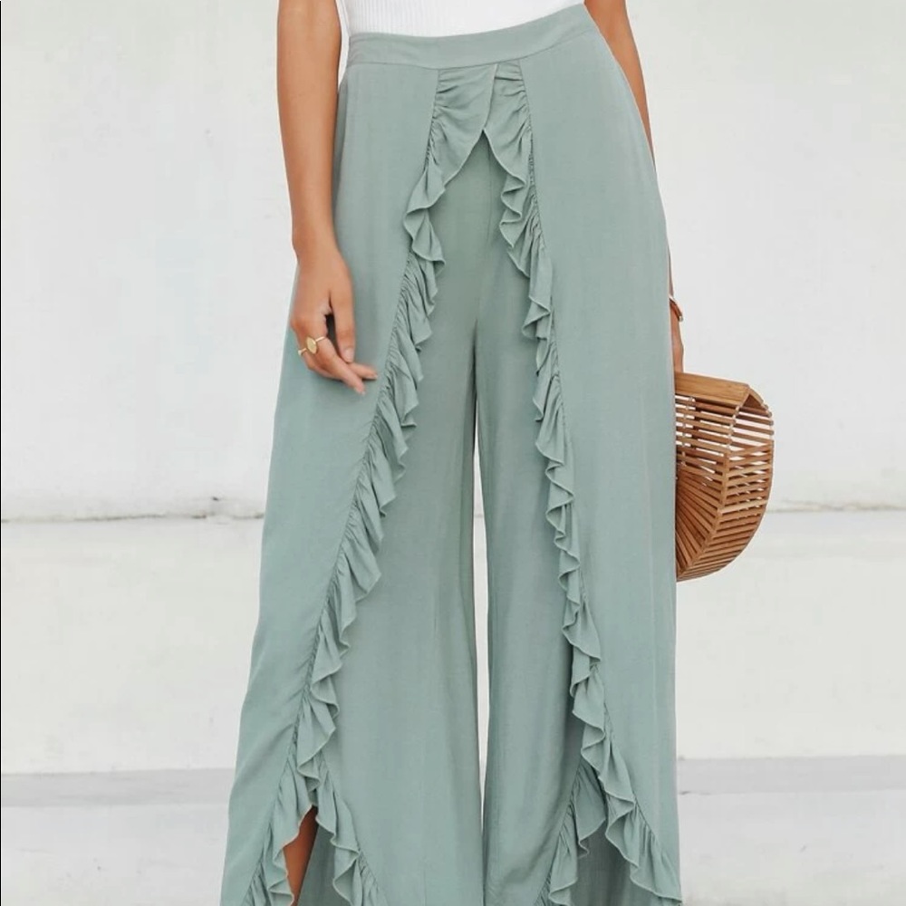 Blue/Green Slit Leg Ruffle Hem Pants